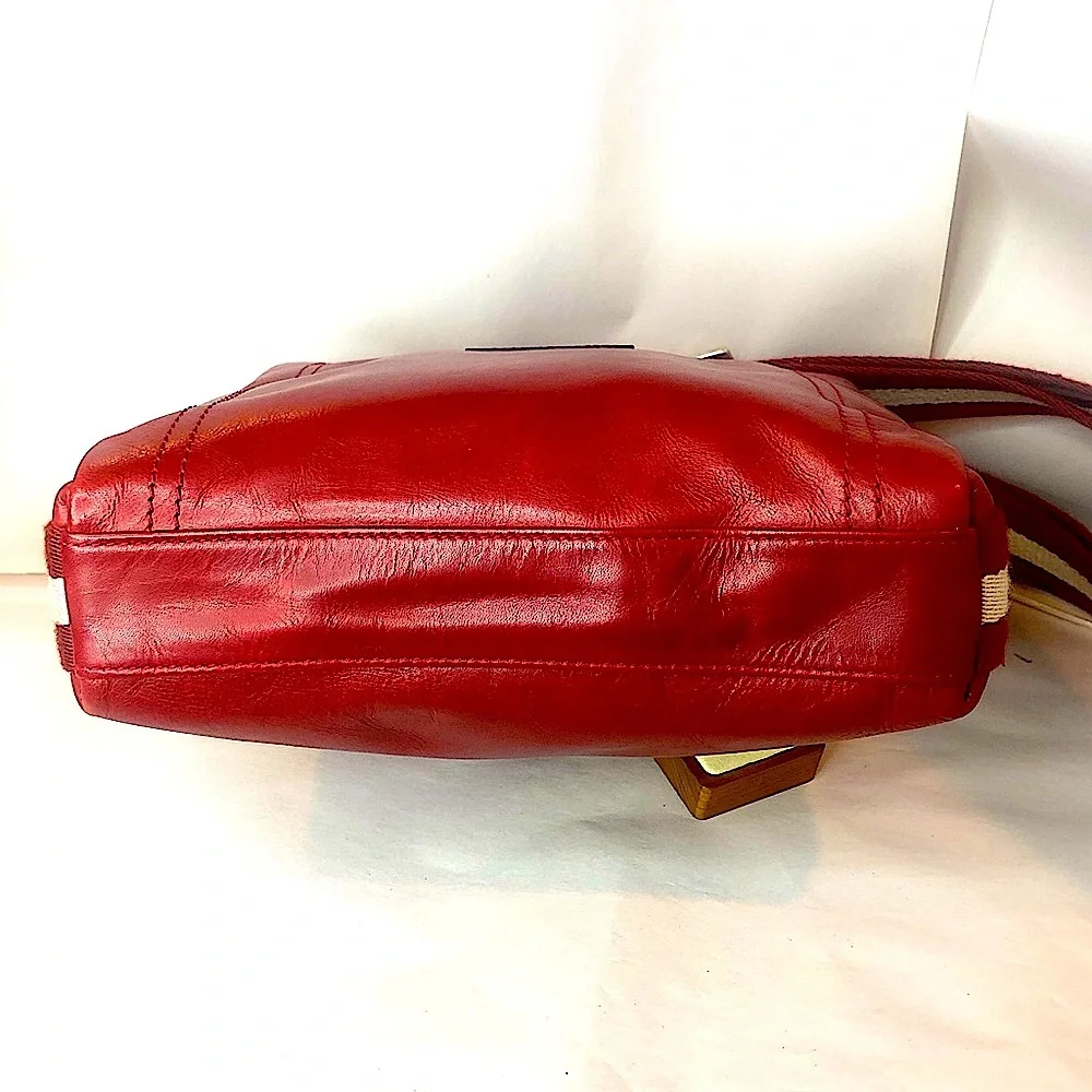 BALLY Red Leather Top Zip Messenger Shoulder Bag w/ Red White Striped Strap